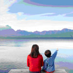 Mother with child sitting on dock by a lake