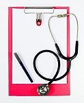 A pink clipboard, a pen, and a stethoscope on a white background.