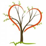 A stylized tree with a brown trunk and branches forms a red heart shape.