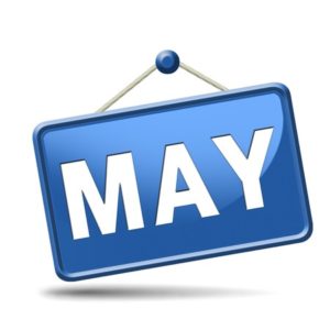 A blue sign that says May on a hook